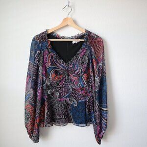 Parker Silk Paisley Top with Sheer Sleeves | S